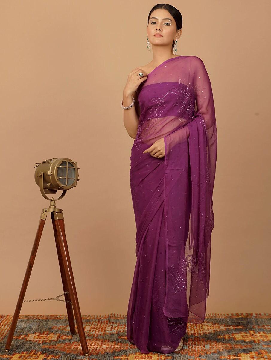 purple chiffon mukaish saree