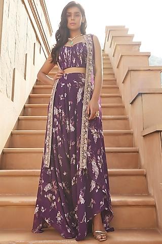 purple chiffon printed cape set