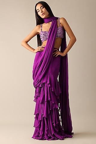 purple chiffon ruffled saree set