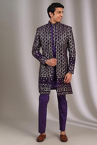 purple chiffon zari embroidered sherwani