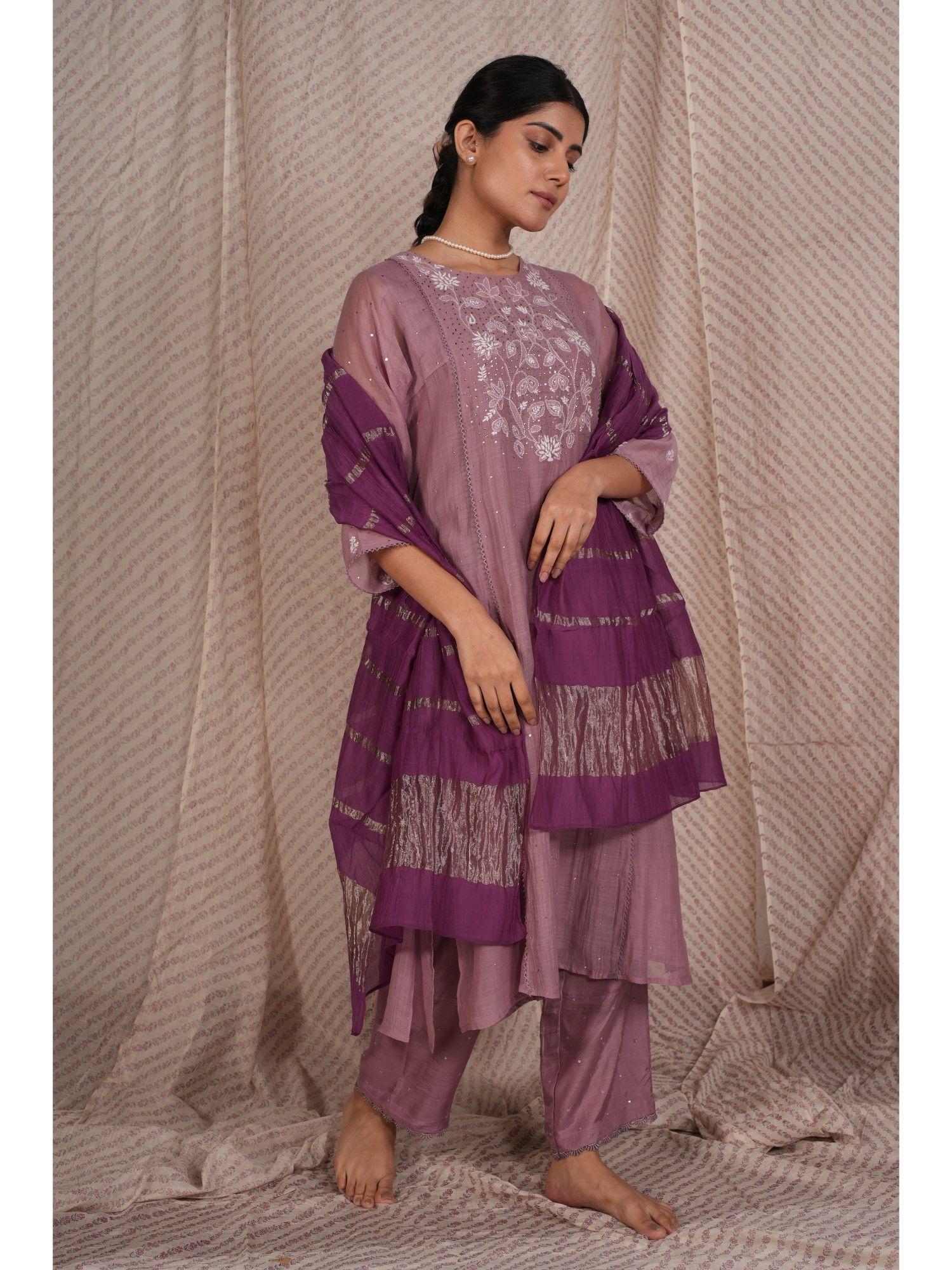 purple chikan embroidered kurta (set of 3)