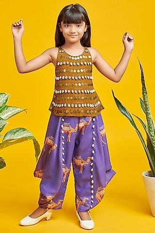 purple chinon & cotton printed dhoti set for girls