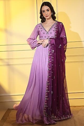 purple chinon embroidered anarkali set