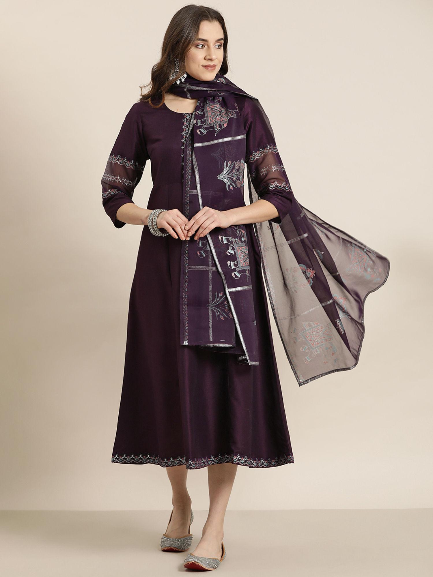 purple chinon flare dress with dupatta (set of 2)
