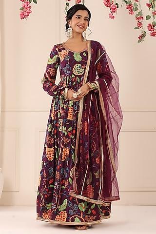 purple chinon floral printed gown with dupatta