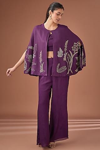 purple chinon georgette hand embroidered cape set