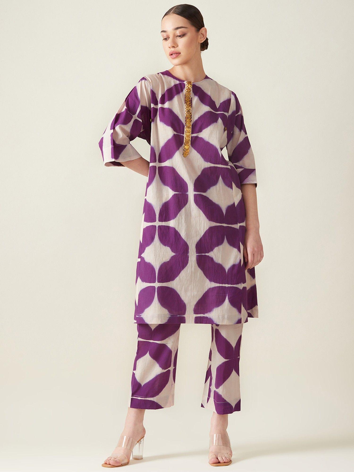 purple clamp dye embroidered co-ord (set of 2)