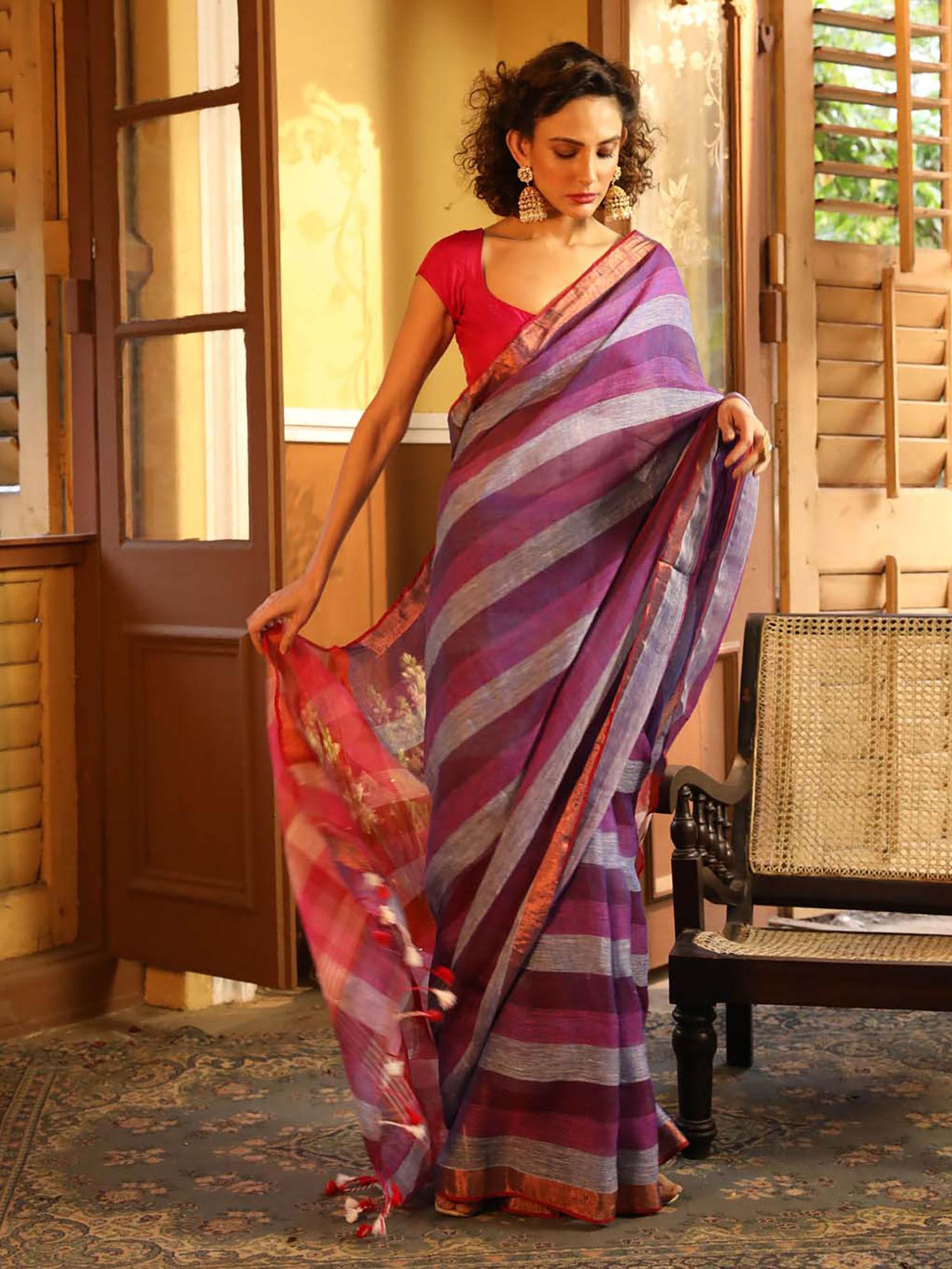 purple color blocked party wear saree with unstitched blouse