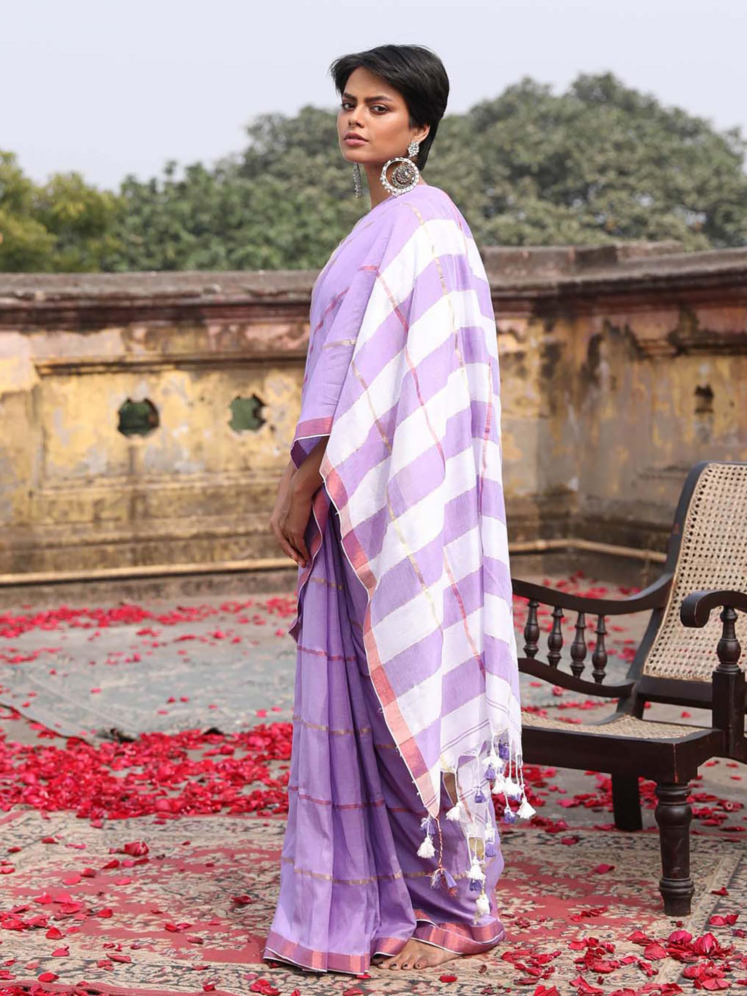 purple color blocked party wear saree with unstitched blouse