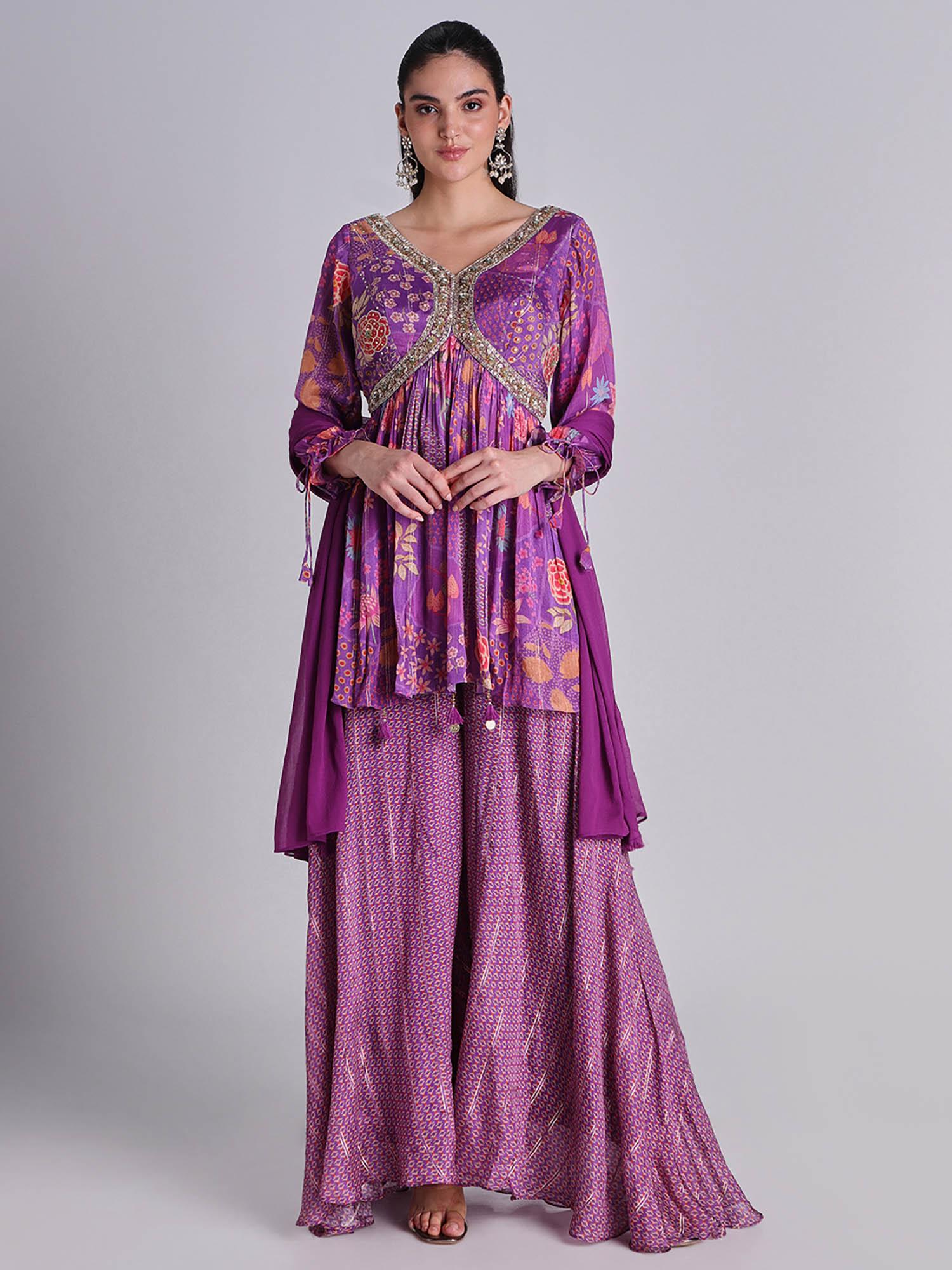 purple color indo western top with palazzo and dupatta (set of 3)