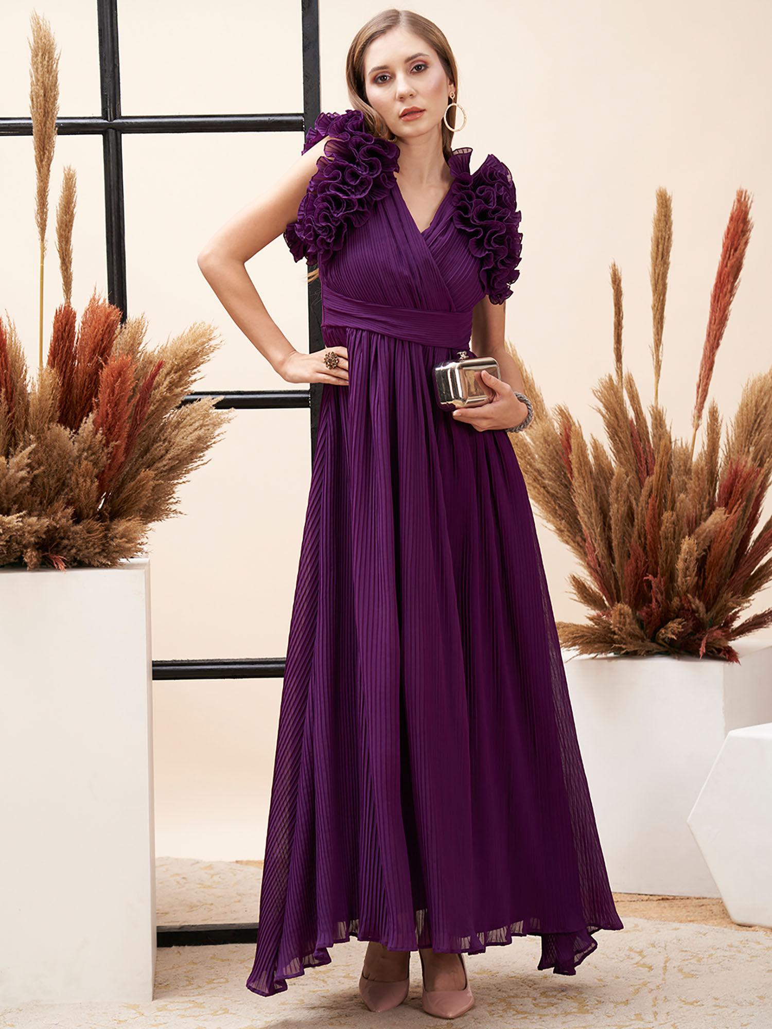 purple color over all pleated long party wear dress