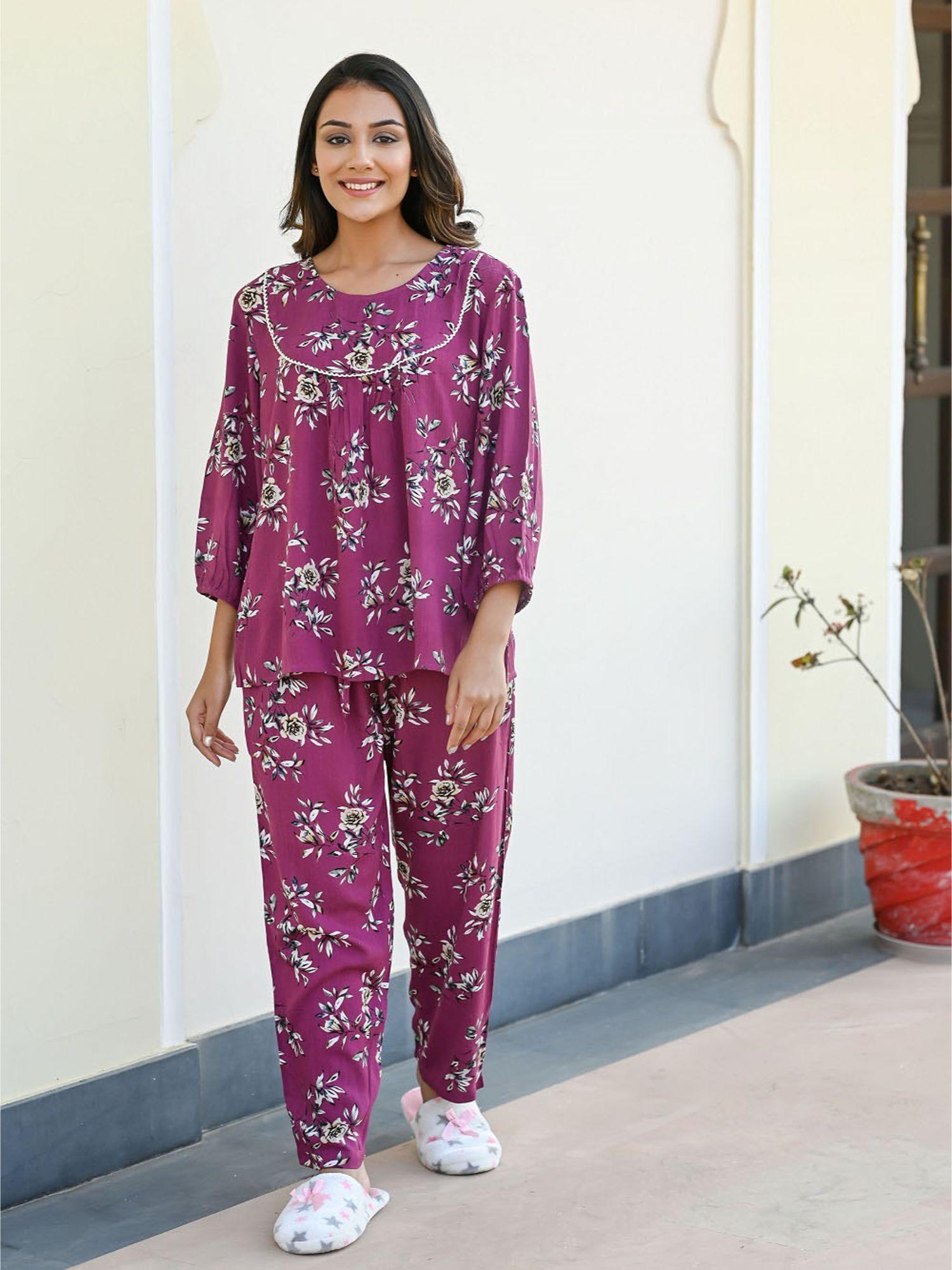 purple color printed women pure cotton top & pyjama night suit (set of 2)