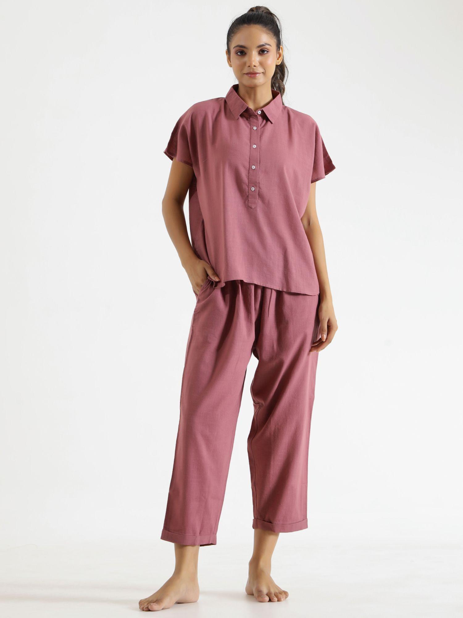 purple color solid women pure cotton top & pyjama night suit (set of 2)