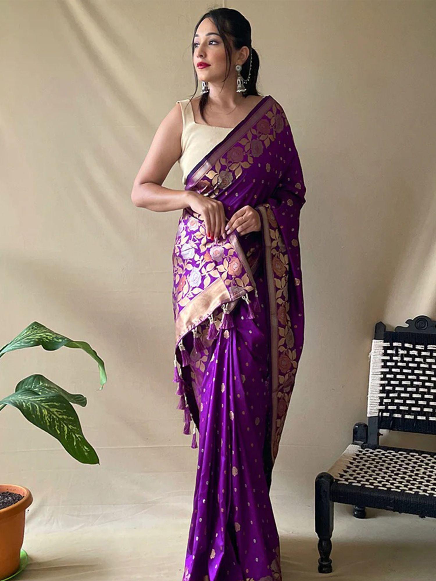 purple colour banarasi silk zari woven saree with unstitched blouse