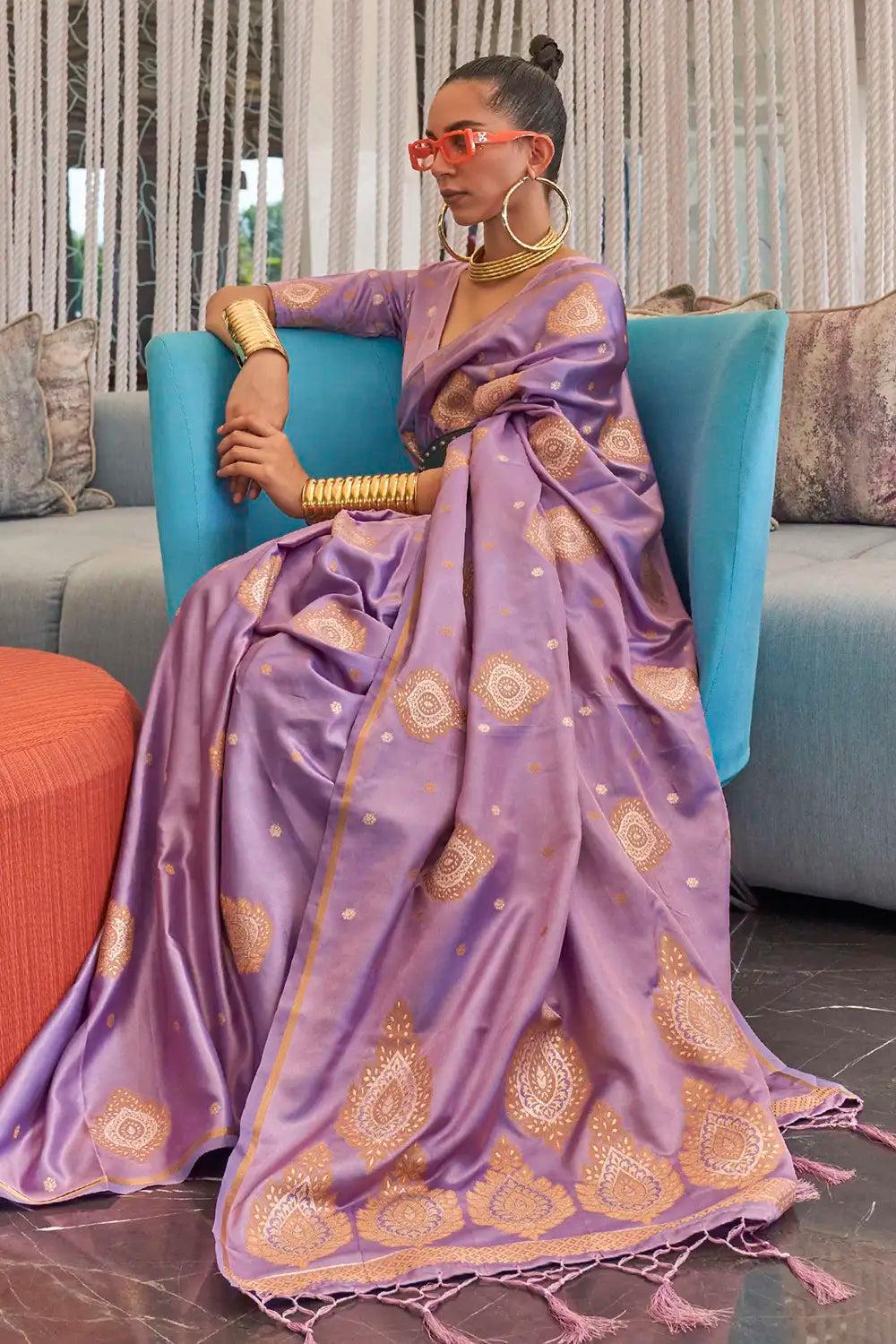 purple colour satin silk saree with zari weaving work