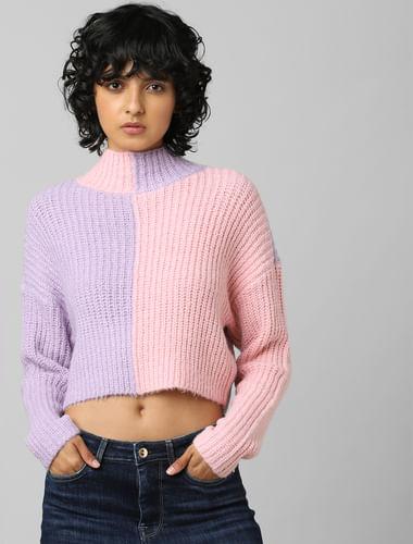 purple colourblocked high neck pullover