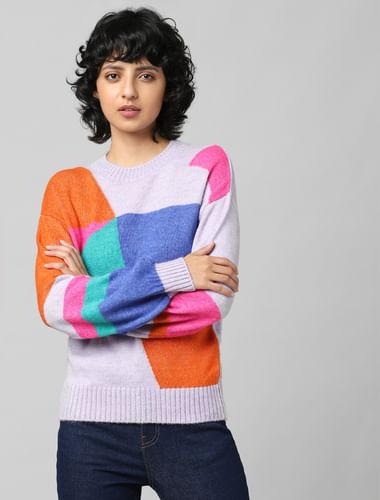 purple colourblocked jacquard pullover