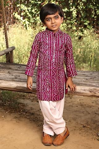 purple cotton bandhej printed kurta set for boys