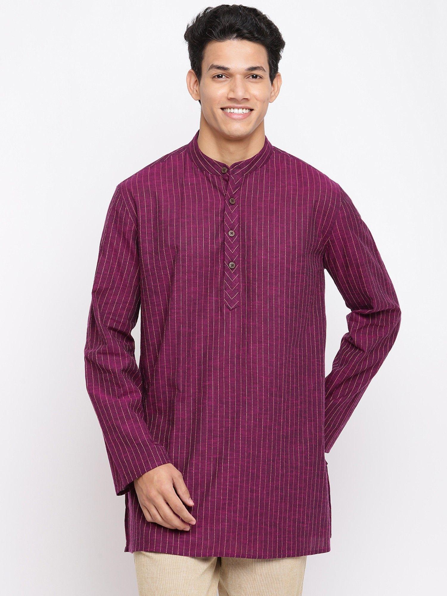 purple cotton blend dobby regular fit thigh length short kurta