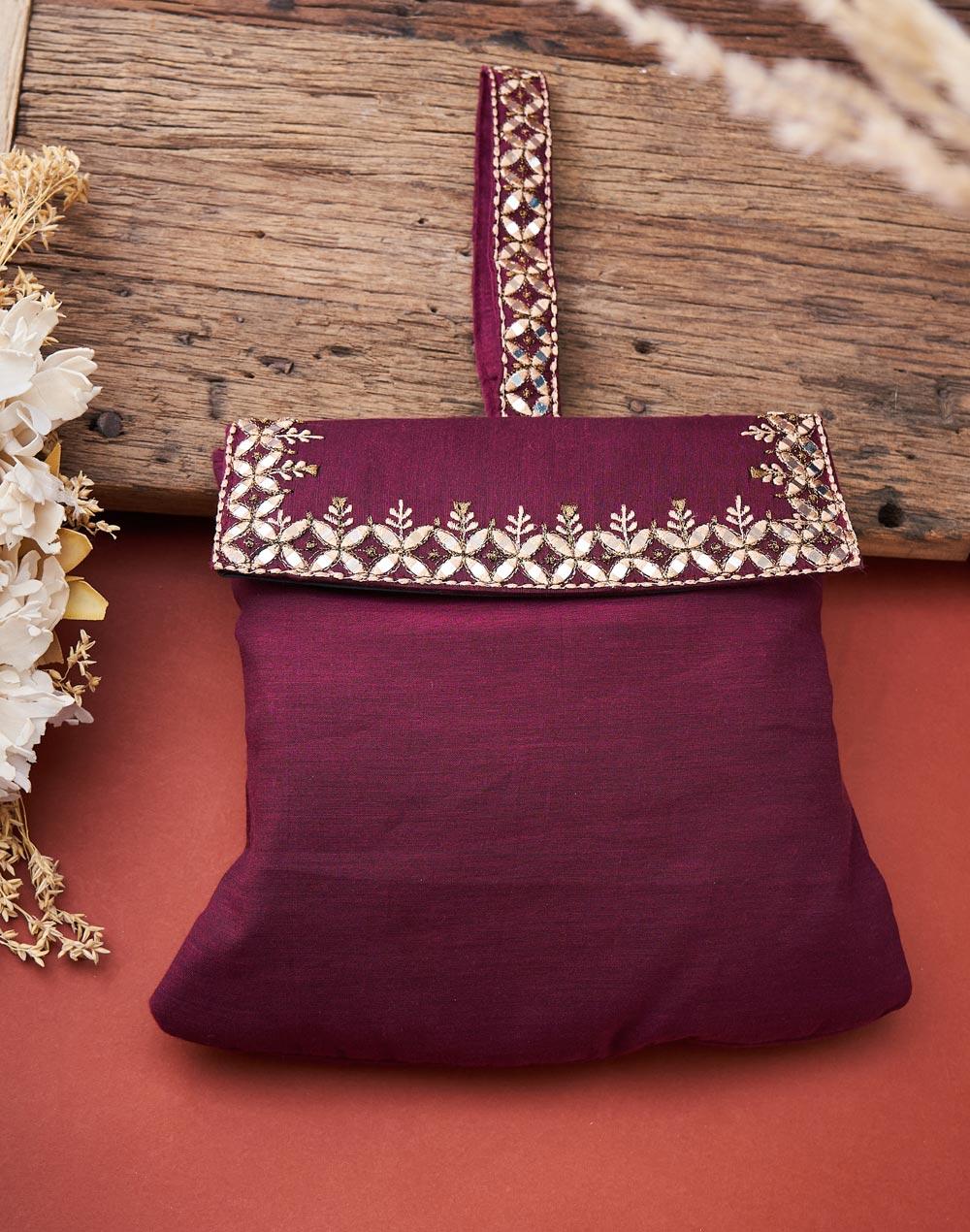 purple cotton blend hand embroidered potli bag