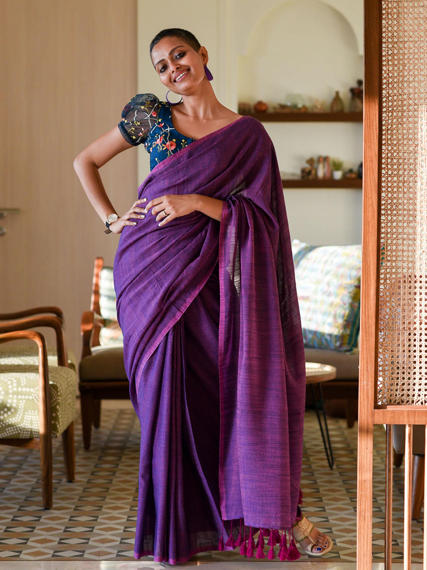 purple cotton blend solid saree