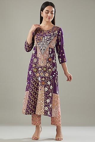 purple cotton embroidered kurta set