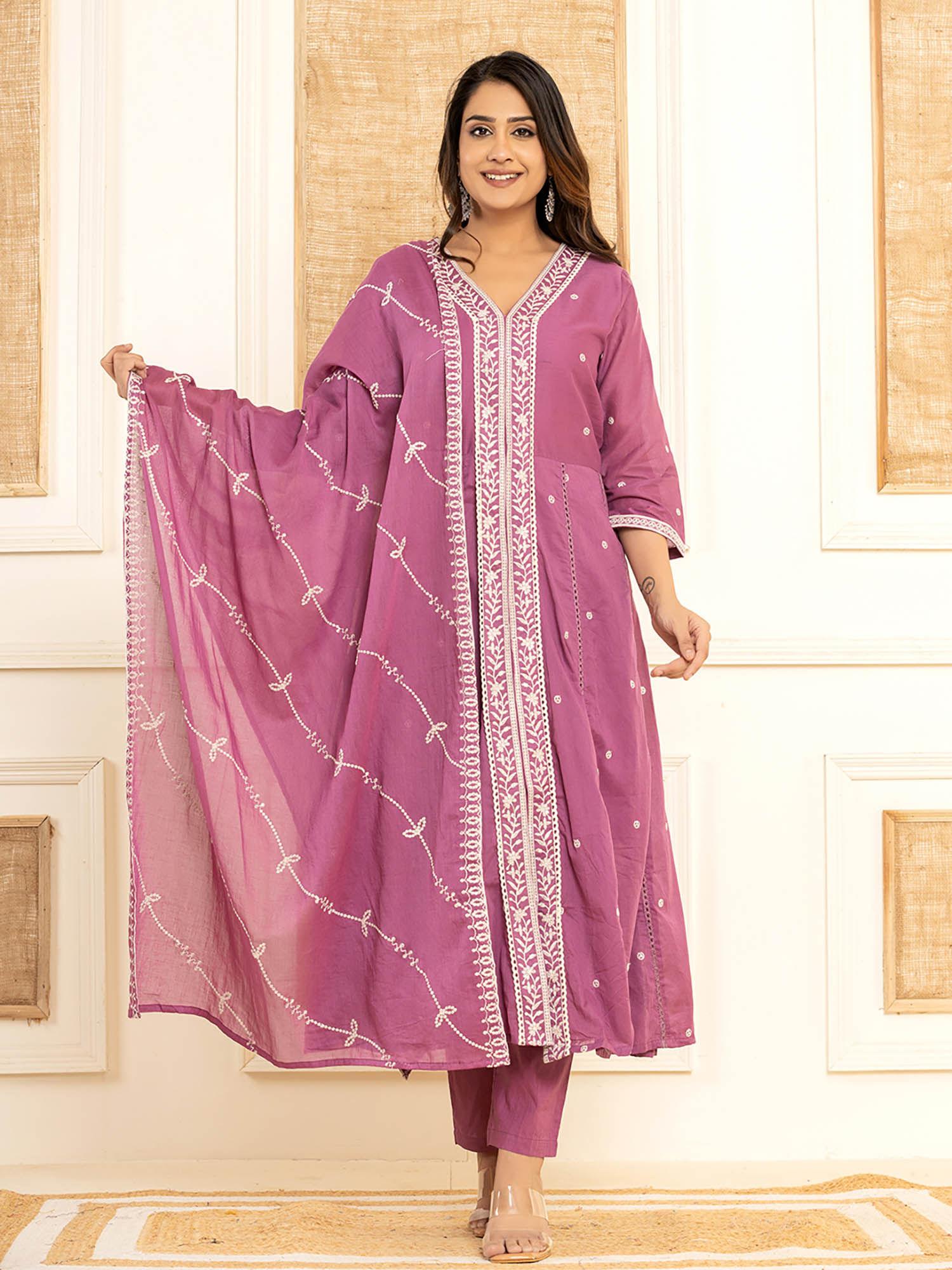 purple cotton embroidered kurta with trouser and dupatta (set of 3)