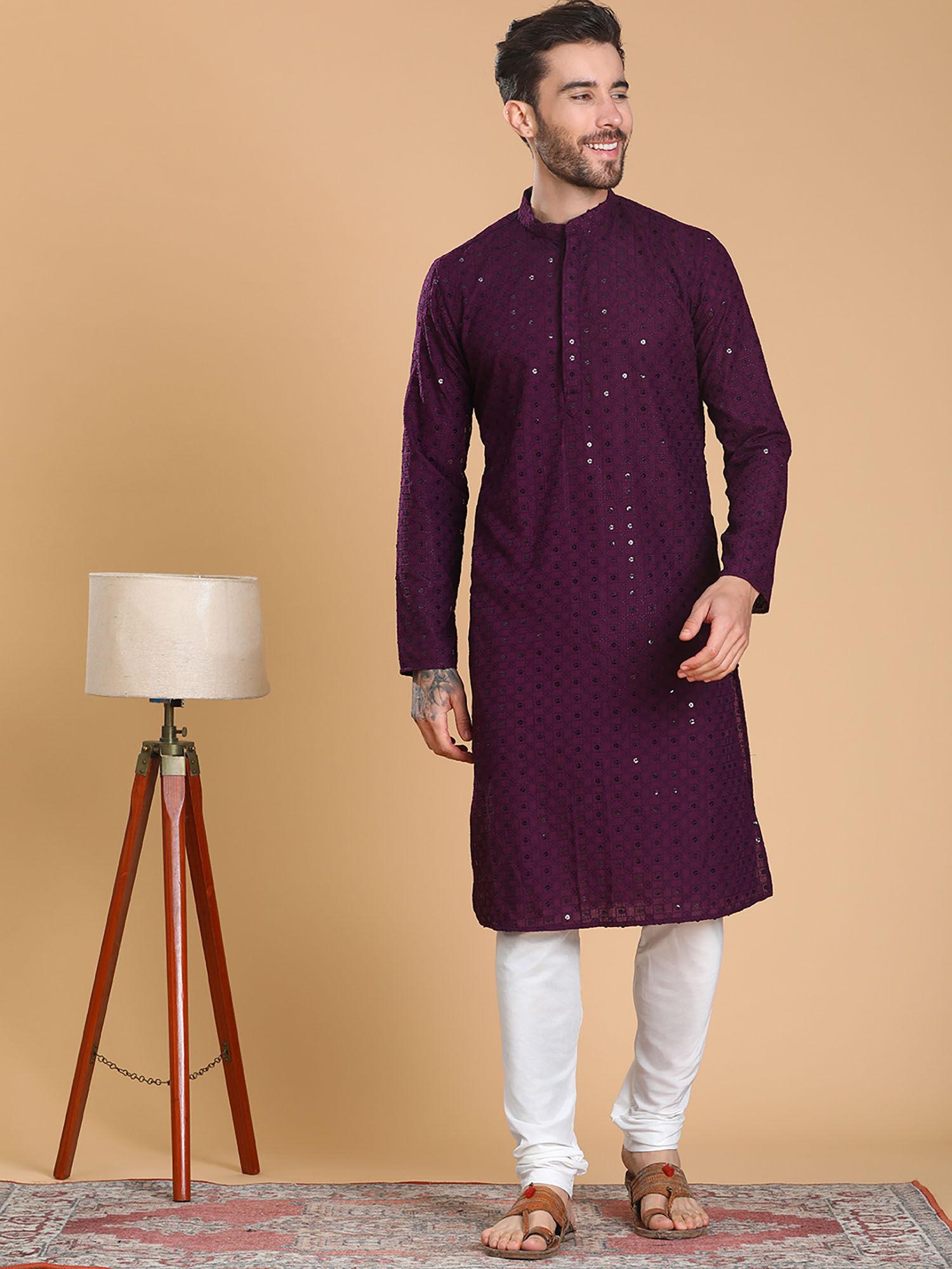 purple cotton full sleeve regular fit kurta for men