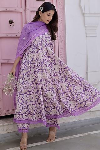 purple cotton hand block printed & hand dyed anarkali set