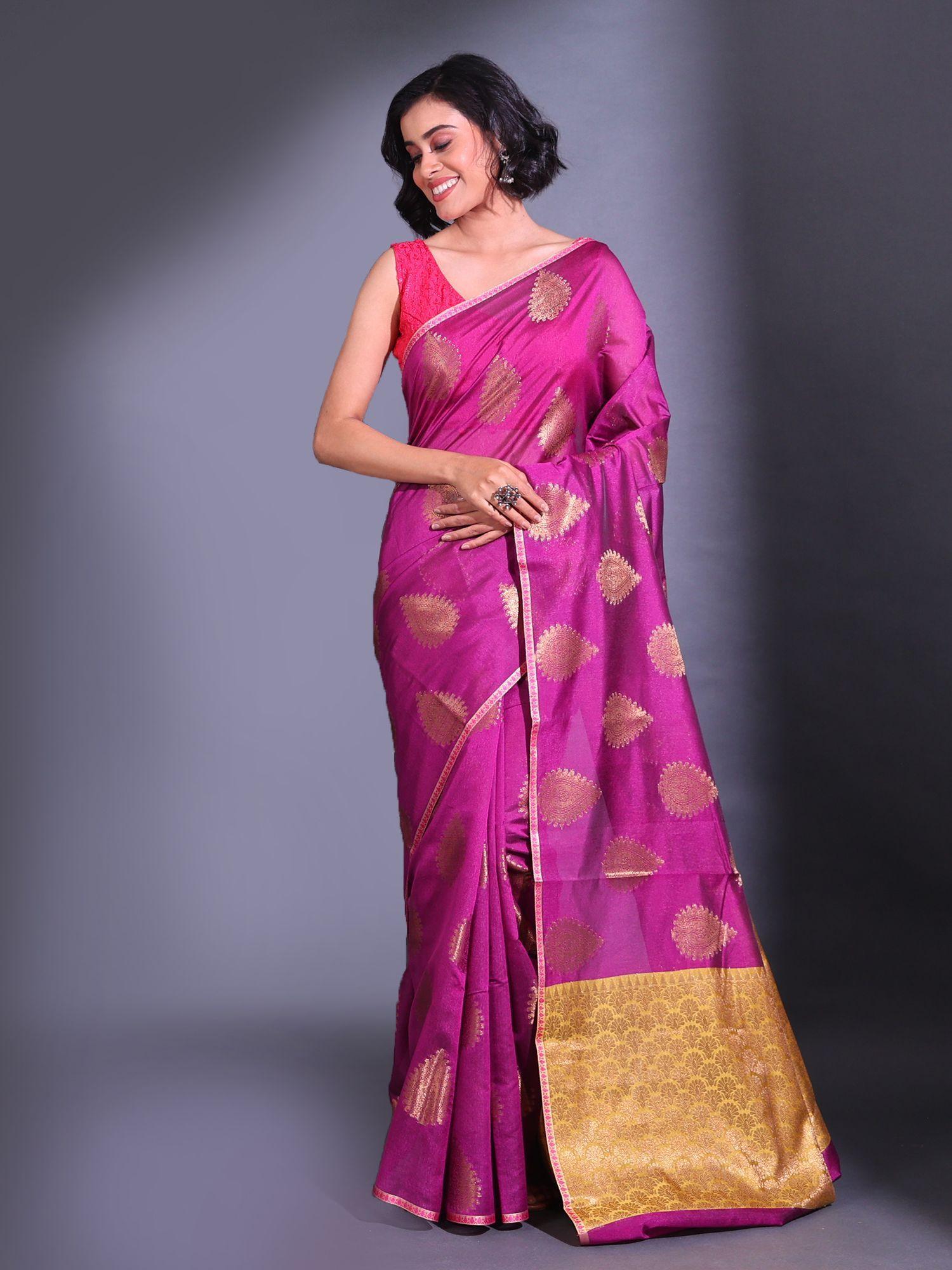 purple cotton handwoven damask motifs and texture pallu saree with unstitched blouse