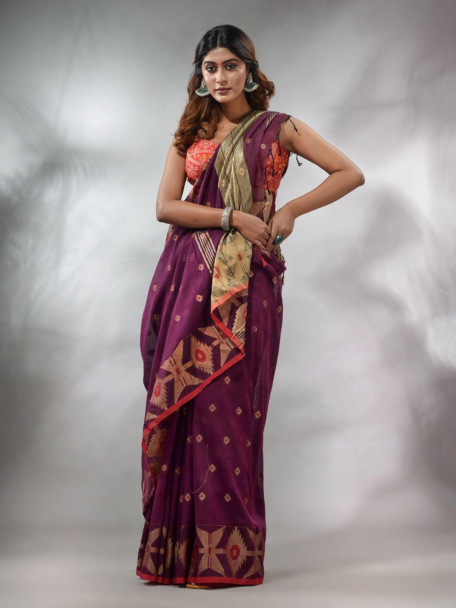 purple cotton handwoven saree with texture pattern & unstitched blouse