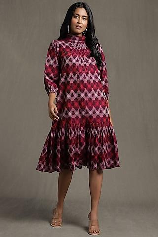 purple cotton ikat pleated midi dress