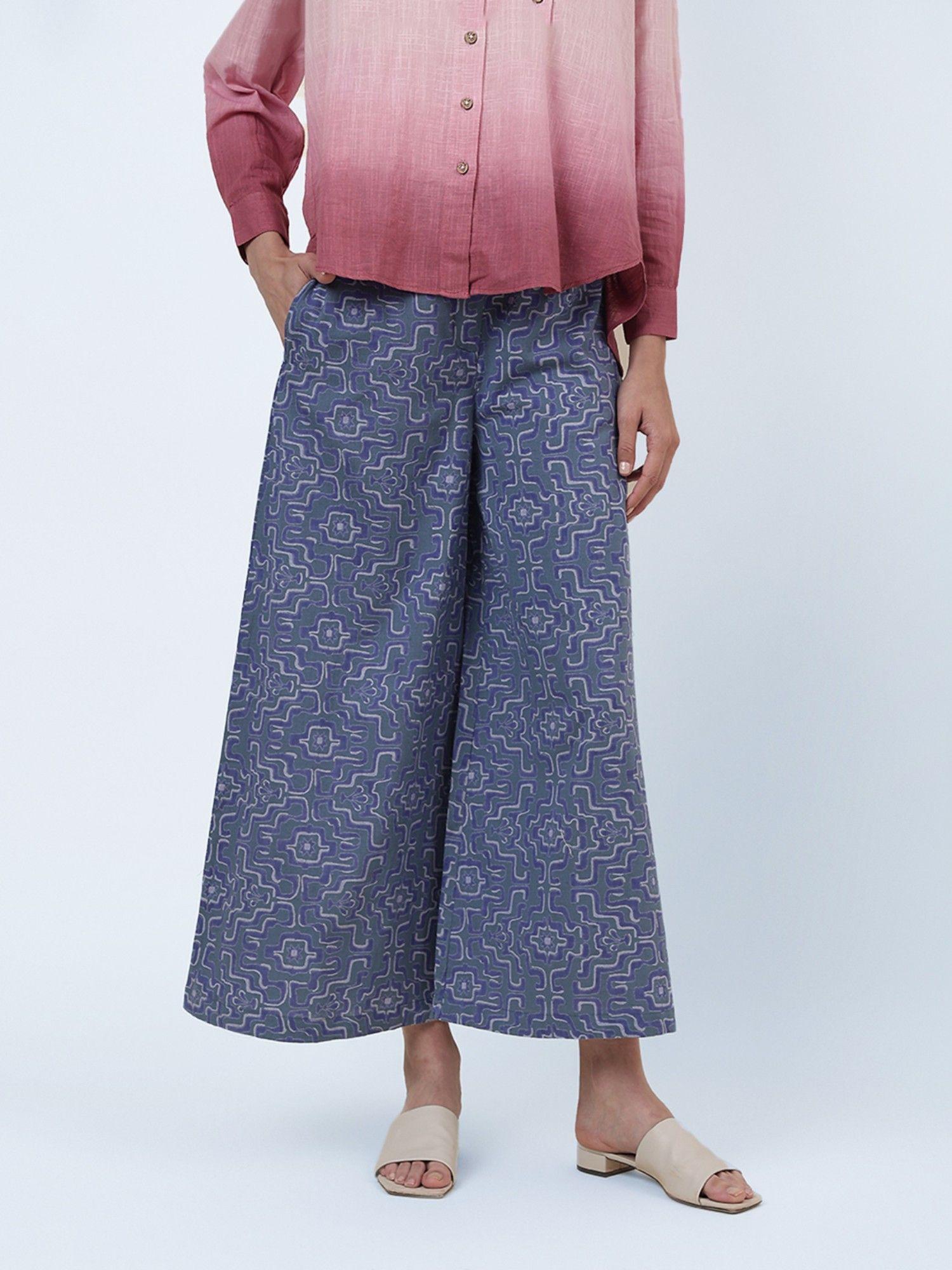 purple cotton linen printed casual pant