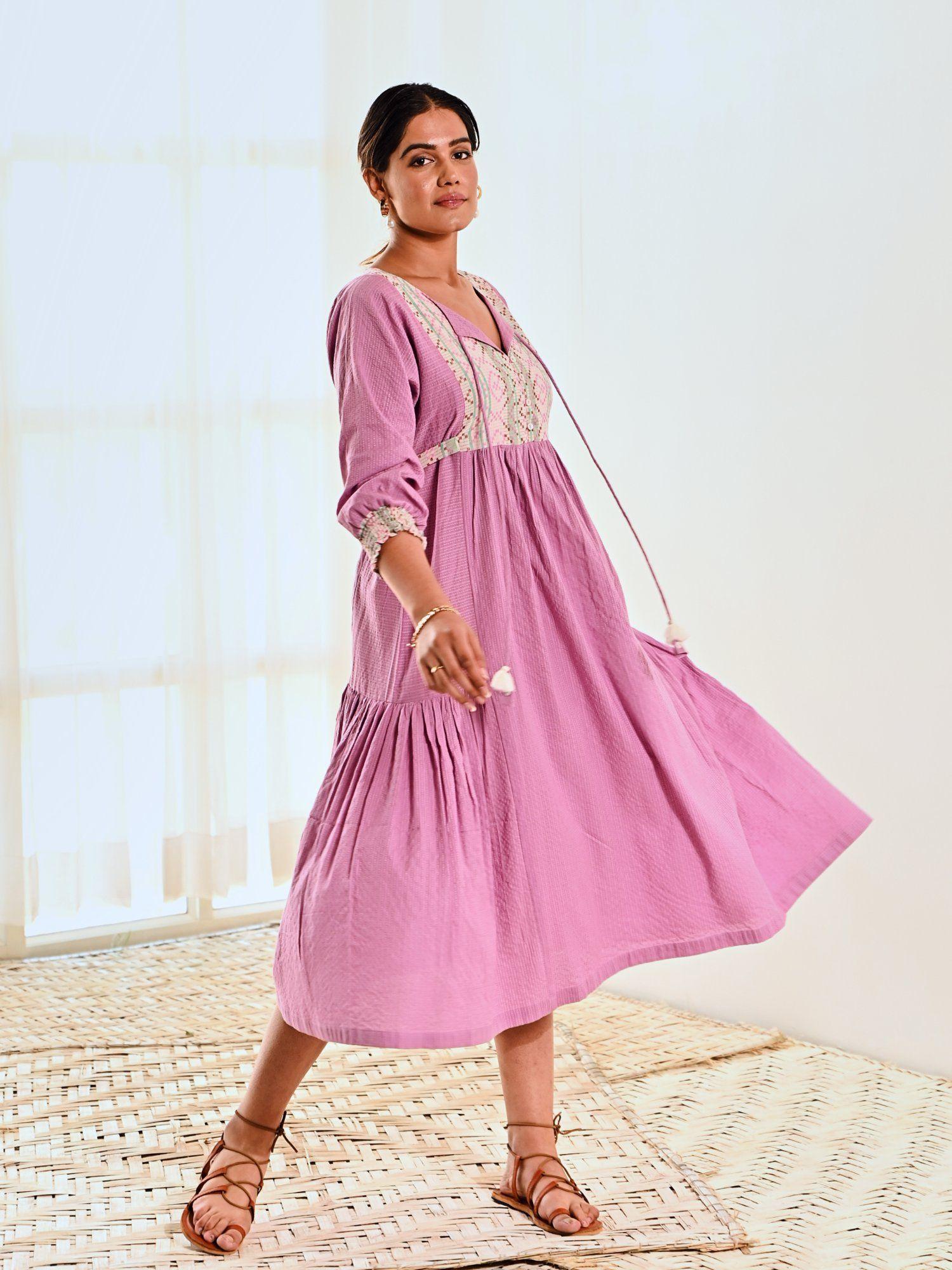 purple cotton midi dress with belt & butterfly sleeves