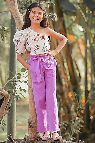 purple cotton paper bag pant set for girls