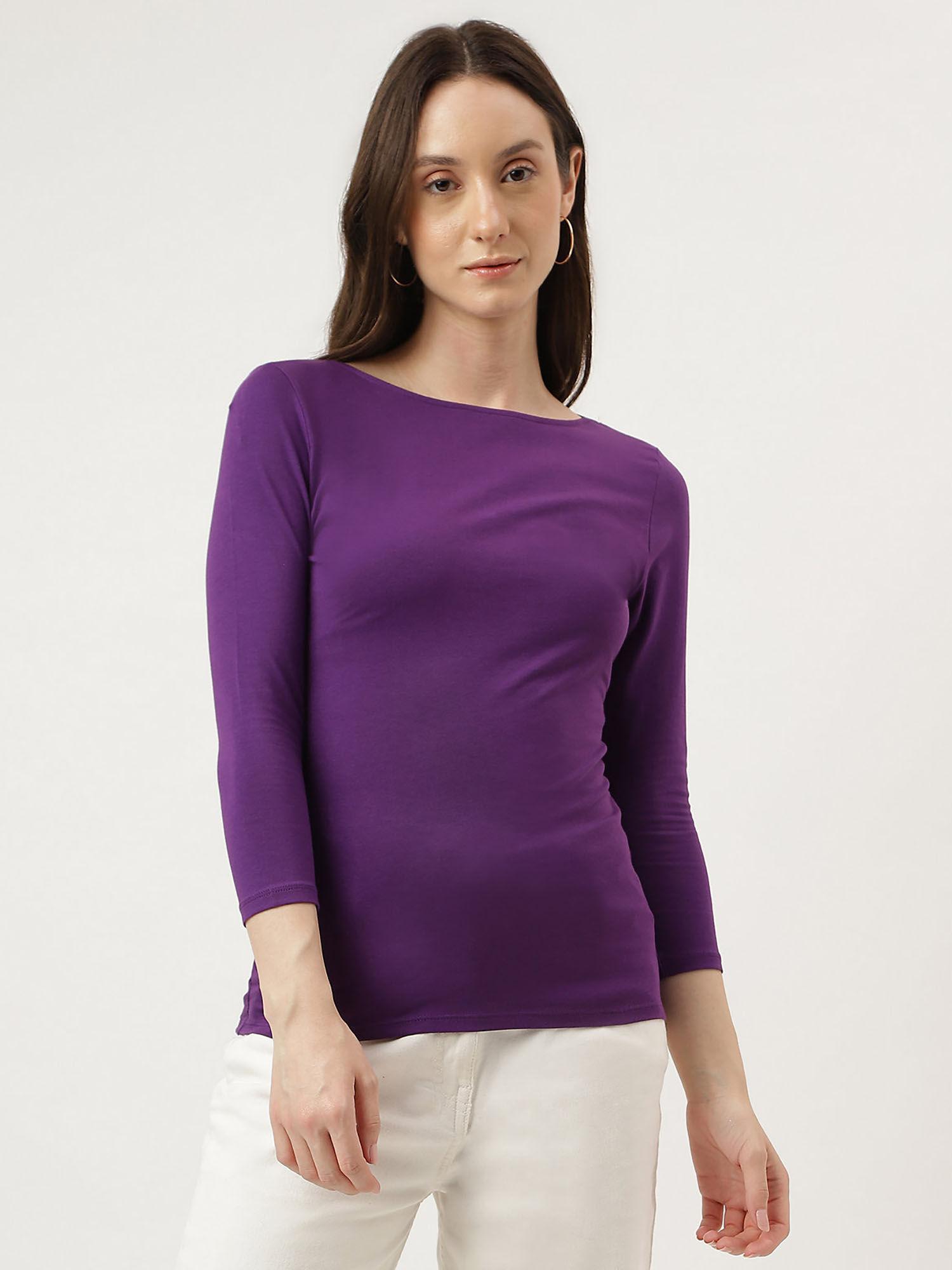 purple cotton plain boat neck top