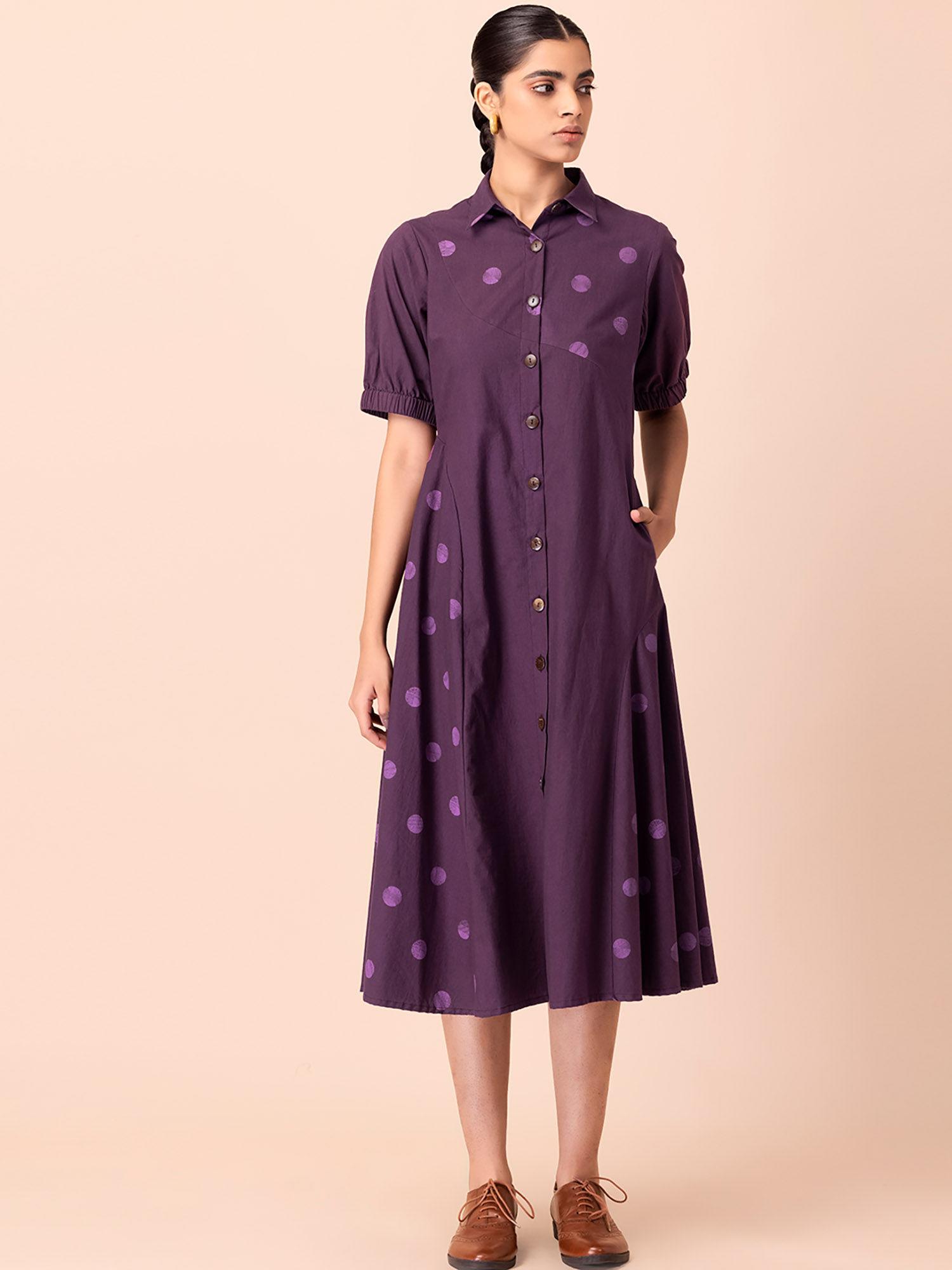 purple cotton polka shirt dress