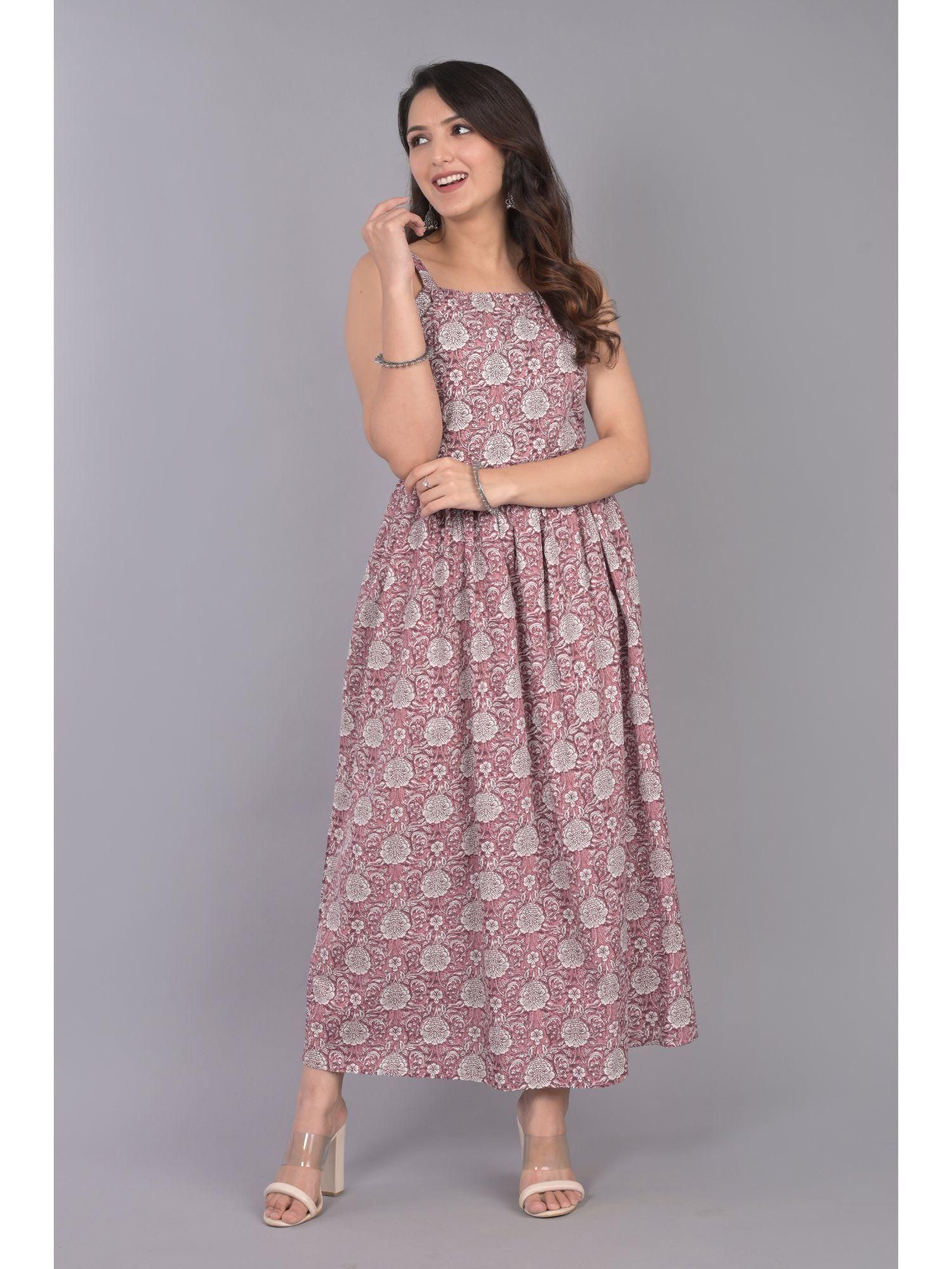 purple cotton printed dress with floral motifs