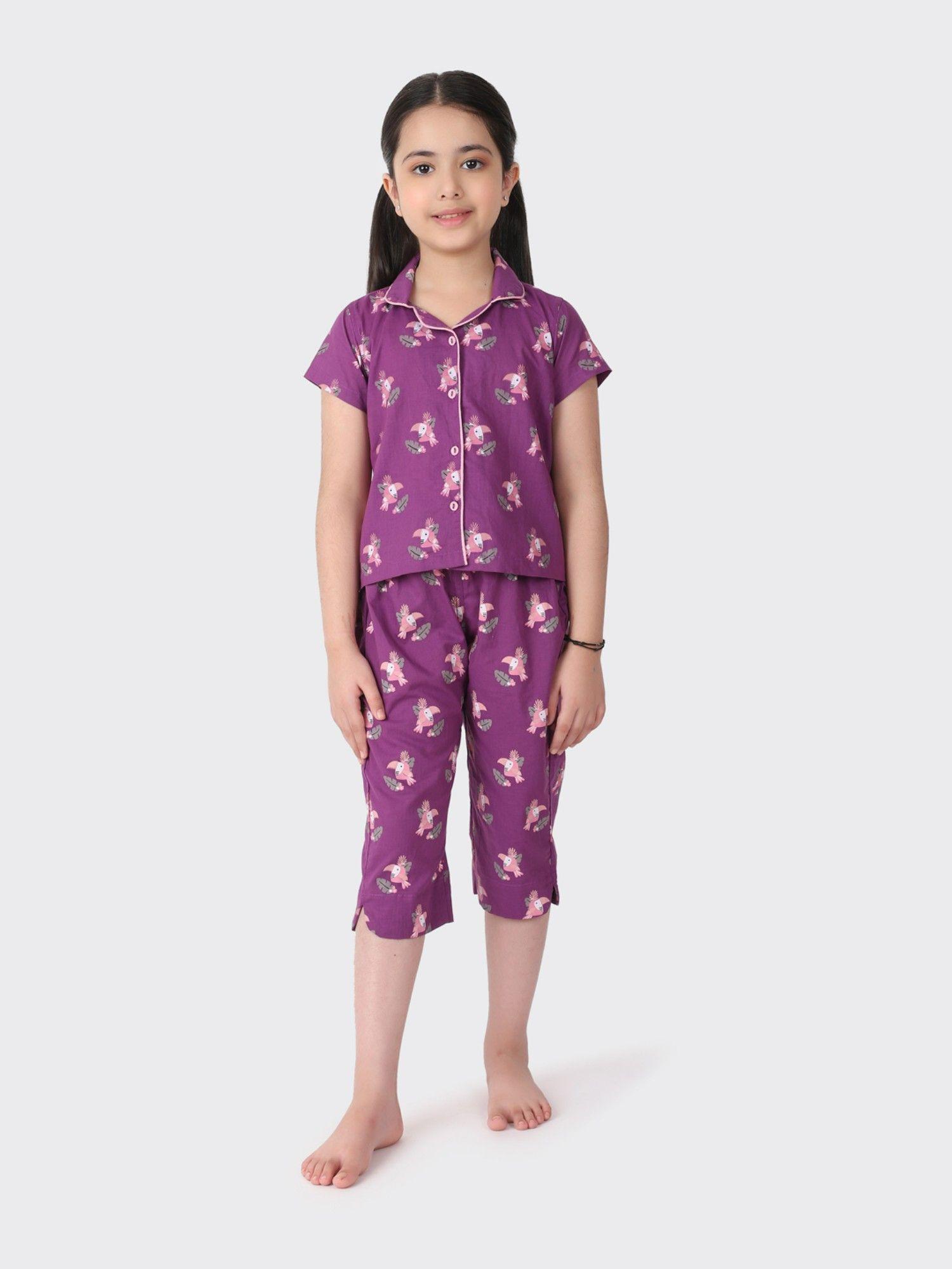 purple cotton printed girls pyjamas (set of 2)