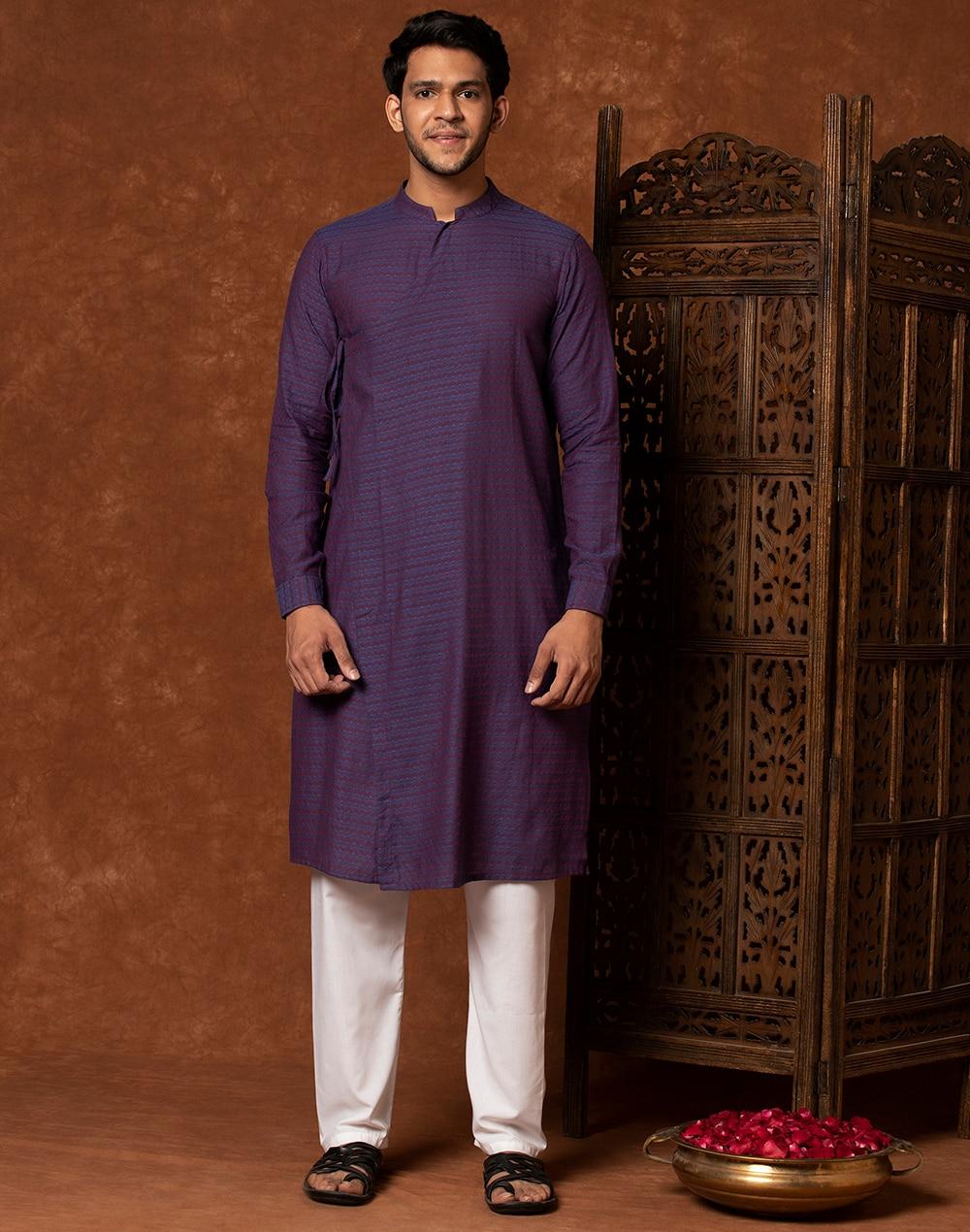 purple cotton printed slim fit long kurta with cuff