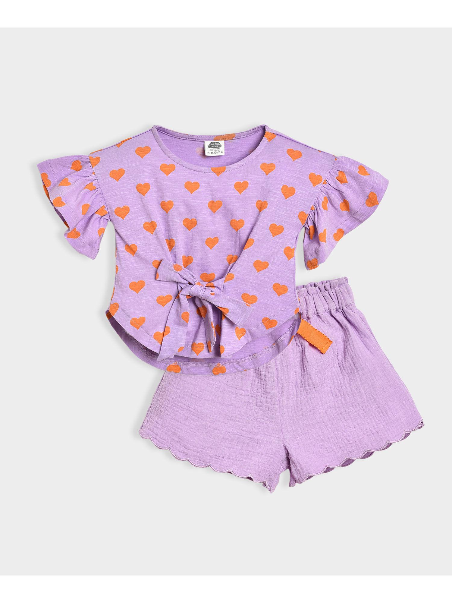 purple cotton printed top with shorts for girls (set of 2)