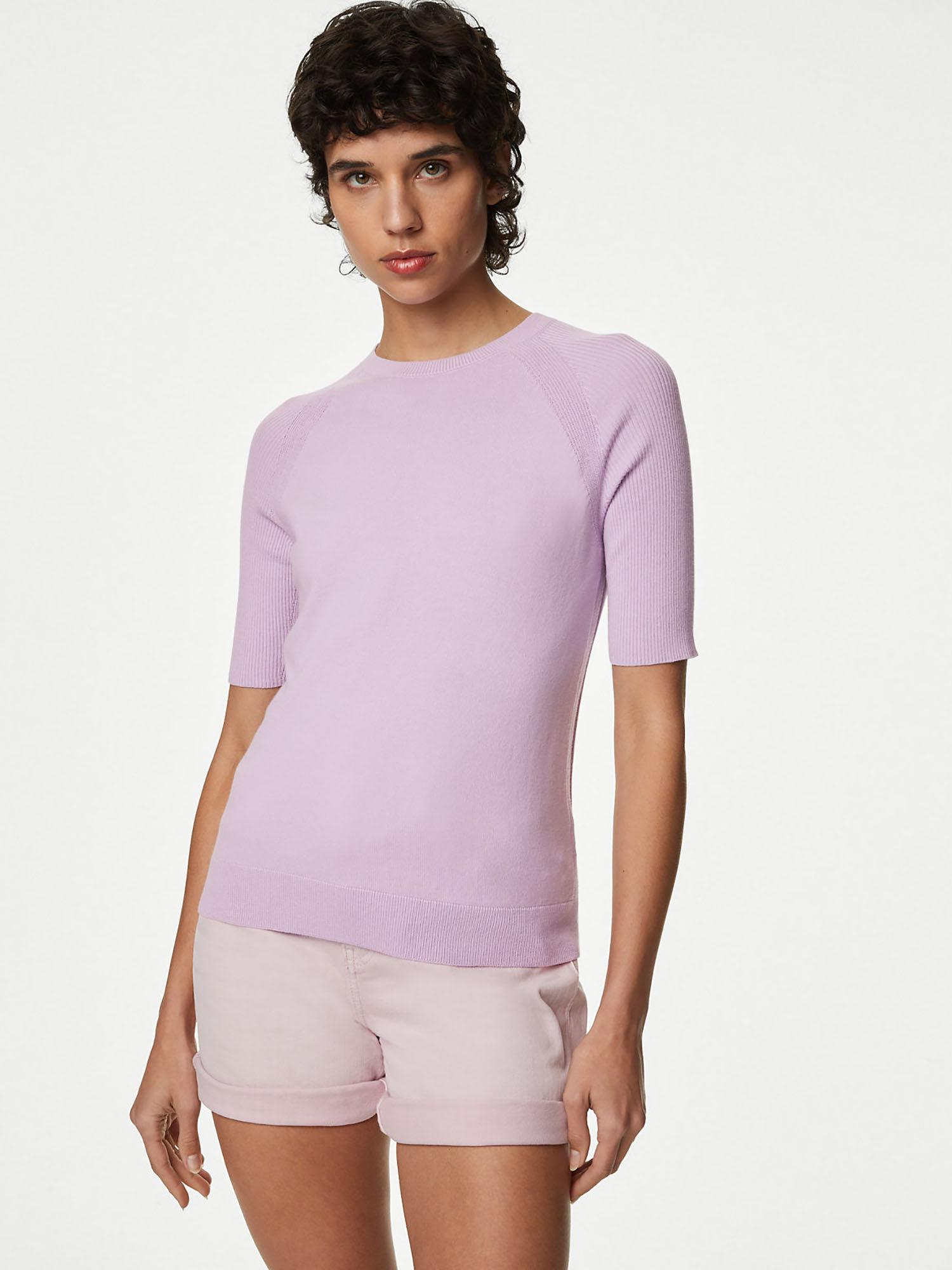 purple cotton rich ribbed crew neck knitted top