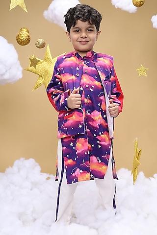 purple cotton satin clouds printed bundi jacket set for boys