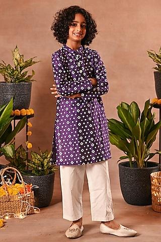 purple cotton silk & cotton poplin printed kurta set for boys