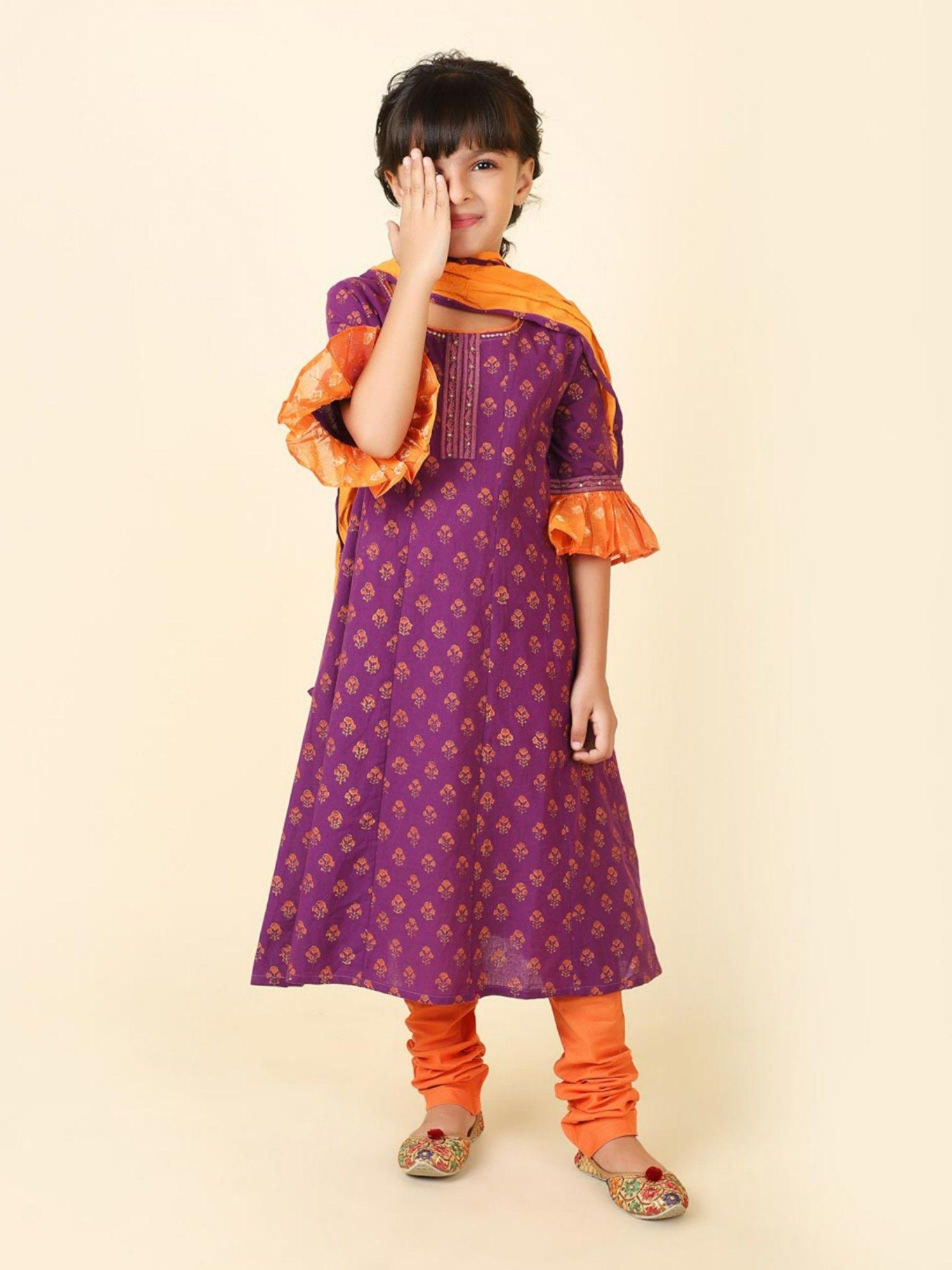 purple cotton silk blend printed churidar (set of 3)