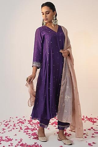 purple cotton silk block printed & hand embroidered a-line kurta set