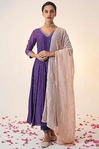 purple cotton silk block printed & hand embroidered anarkali set