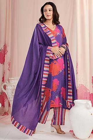 purple cotton silk digital printed & pearl embellished kurta set