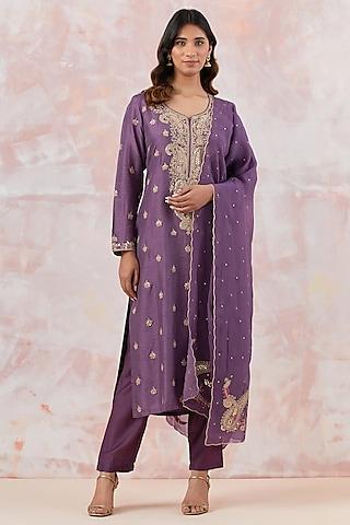 purple cotton silk embroidered kurta set