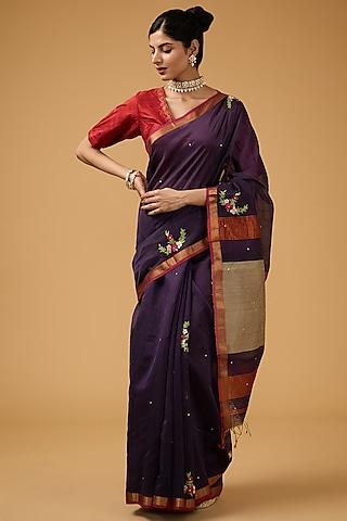 purple cotton silk floral embroidered handwoven saree set